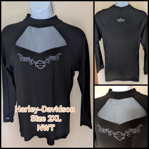Harley-Davidson Tops - NWT, Harley-Davidson, Peek-A-Boo Mesh, Long Sleeved, Black, Sparkle Top, Size 2X